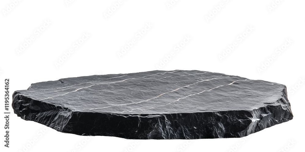 Poster black stone base with textured surface is isolated on transparency background, showcasing its natural and rugged appearance. This versatile piece can be used for display or decoration