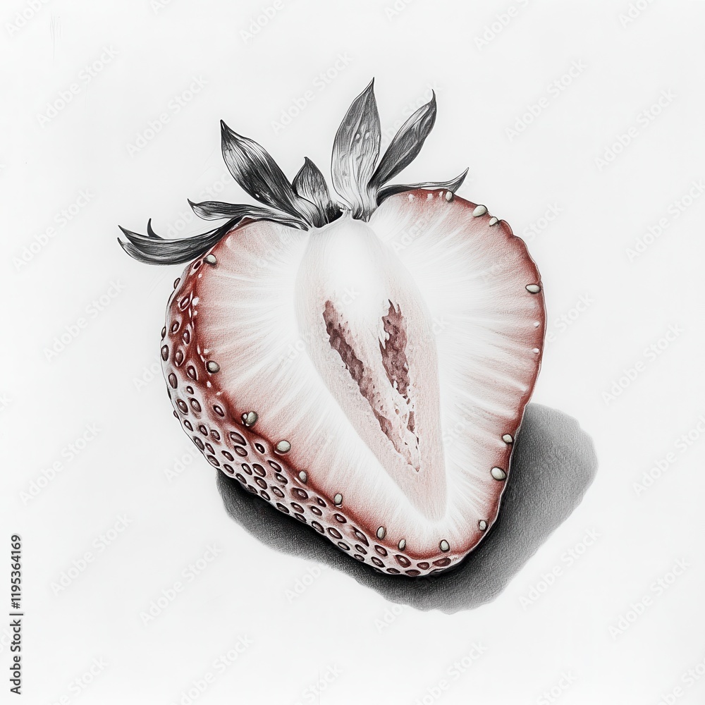 Poster sliced strawberry with visible seeds and detailed shading artfully rendered against a plain backgrou