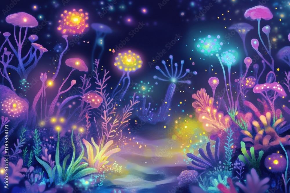 Leinwandbilder Exploring a vibrant microscopic ecosystem teeming with friendly microbes and bioluminescent flora at night. Generative AI