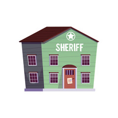 A wooden Western-style house with a sheriff sign and a star on a white background.