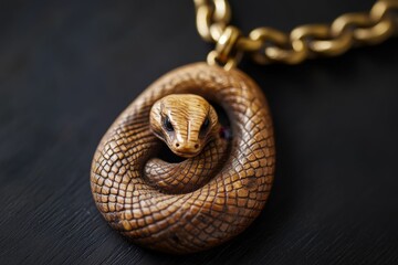 Naklejka premium Wooden snake pendant, gold chain, dark background.