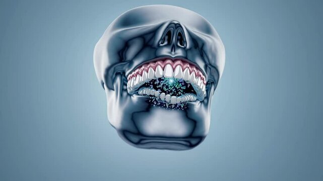 Detailed medical animation visualizing bacterial and viral invasion of teeth and gums, demonstrating progression of oral health complications through microscopic perspective