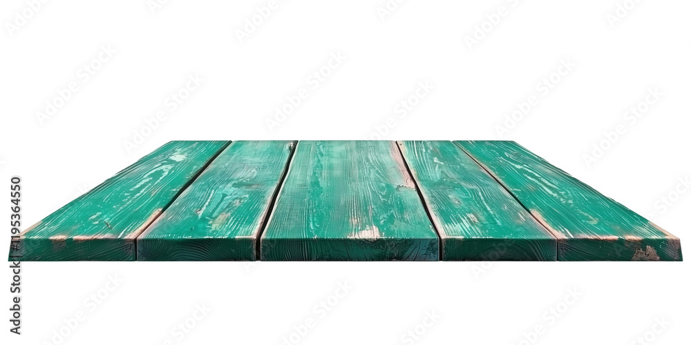 Poster green wooden table with rustic finish is displayed from front view, ideal for showcasing products. texture and color add natural charm to any setting