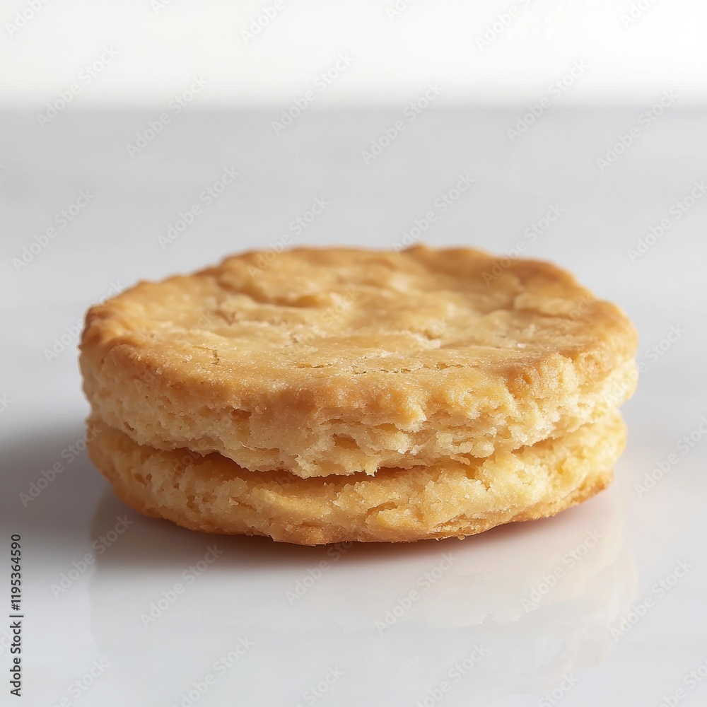 Poster flaky golden biscuit resting on a smooth surface captured in natural light at a cozy kitchen setting