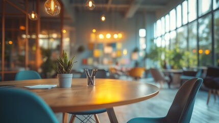 Corporate meeting room with round table and blurred modern decor
