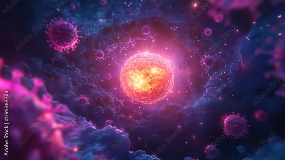 Poster glowing cell at the center of a hostile environment filled with viruses creating tension in a micros