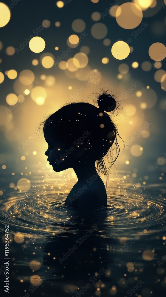 Aufkleber child surrounded by glowing orbs in a tranquil water setting during dusk hours