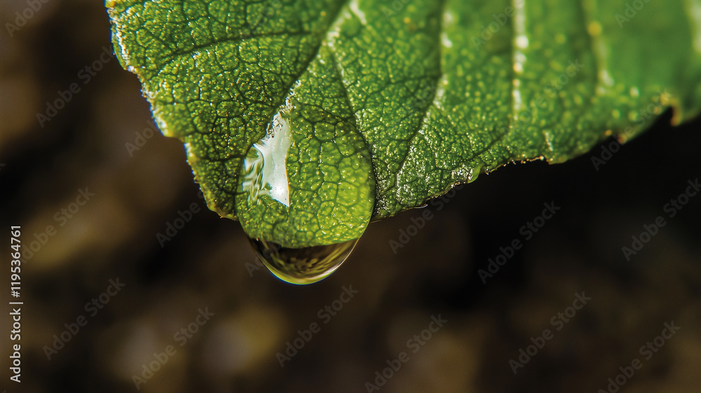 Poster close up view of single droplet hanging from vibrant green leaf, showcasing intricate leaf texture a