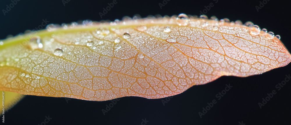 Poster close up of single flower petal with dewdrops, showcasing intricate vein patterns and soft, glowing 