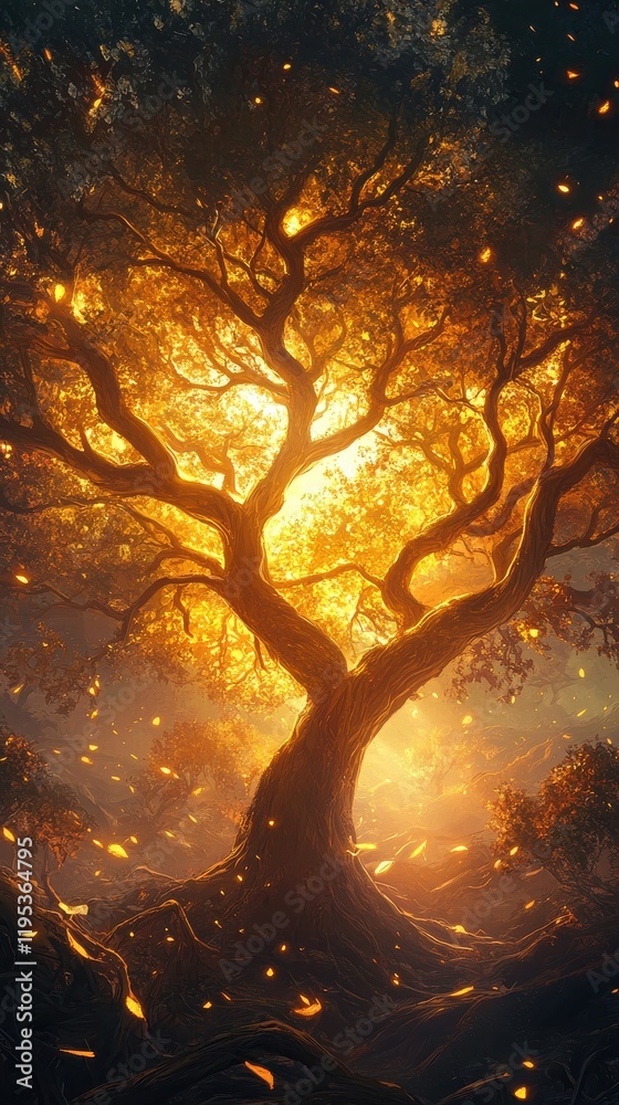 Aufkleber serene silhouette of a glowing tree illuminated by warm light in a tranquil forest at sunset