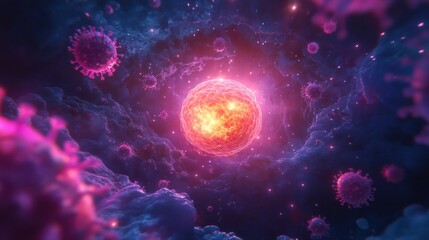 Glowing cell at the center of a hostile environment filled with viruses creating tension in a microscopic world. Generative AI