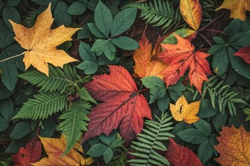 Fototapeta premium Autumnal foliage arrangement featuring vibrant red, orange, and yellow leaves interspersed with lush green ferns and other foliage