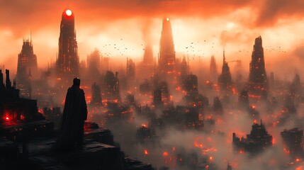 Silhouette of a cloaked figure overlooking a burning futuristic city at sunset.