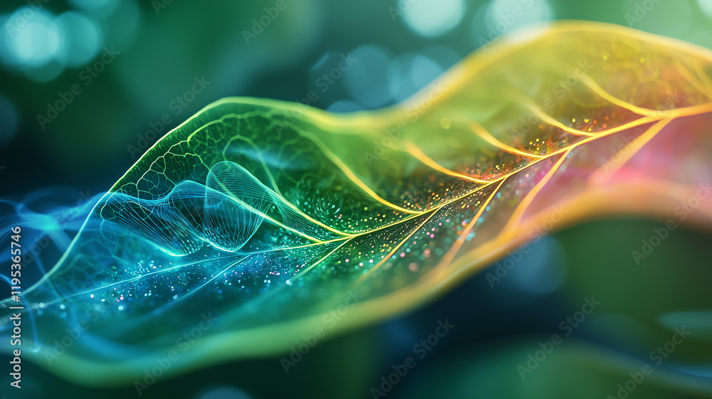 Poster vibrant, conceptual image of leaf with glowing energy patterns and intricate details, showcasing beauty of nature design and complexity of biological structures