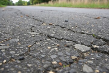 Obraz premium A Close-Up View of Cracked Asphalt Road Surface Showing Texture and Small Plants Emerging Through the Cracks