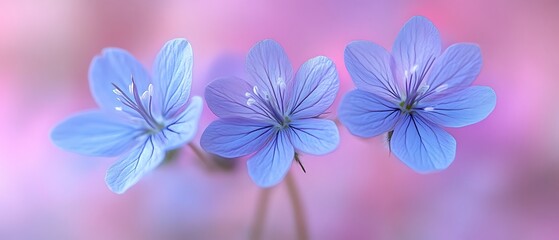 Three delicate light blue flowers on a soft pink background.