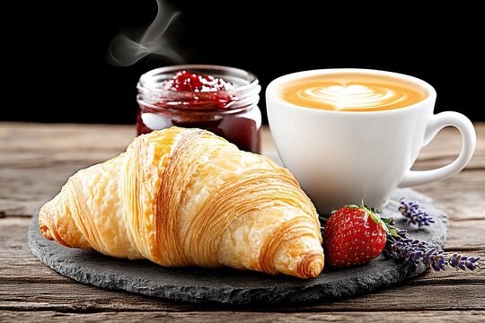 Delicioso desayuno franc&eacute;s con croissant, caf&eacute; y fresas servido en una mesa r&uacute;stica