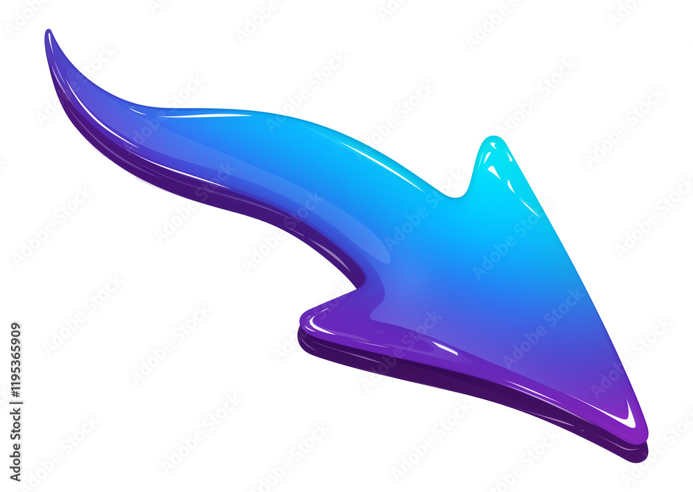 Poster glossy, curved arrow in gradient blue to purple with shiny surface, pointing downward. vibrant colors and sleek design create modern and dynamic look