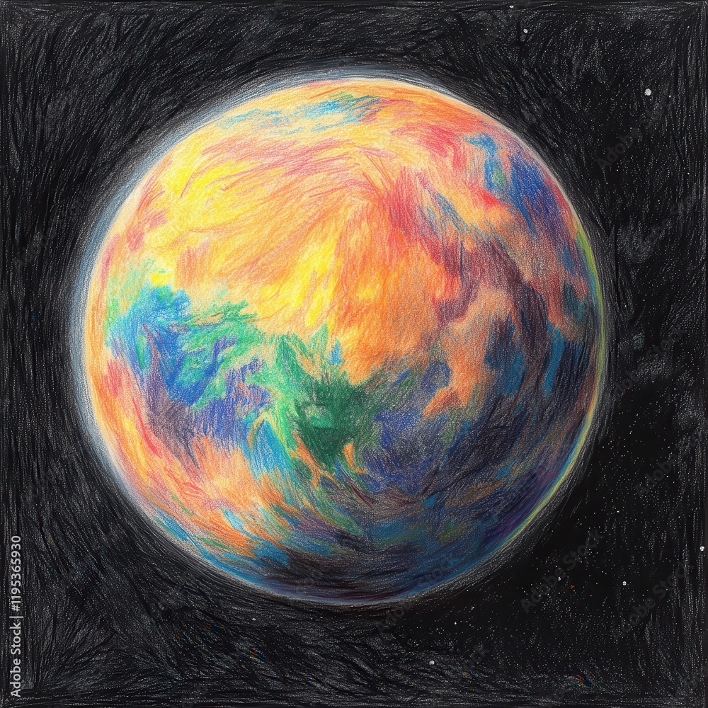 Poster pencil drawing of a vibrant exoplanet showcasing unique colors and textures in a dark cosmic backgro