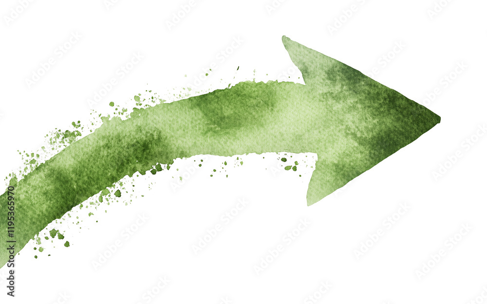 Poster soft green watercolor arrow with textured brushstroke effect, pointing right. artistic design adds c
