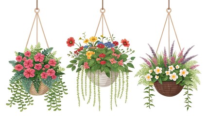 A set of decorative hanging flowers on a white background. Plants and flowers concept