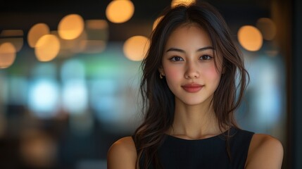 Obraz premium Portrait of a young woman with long hair, smiling softly in a modern cafe with blurred lights
