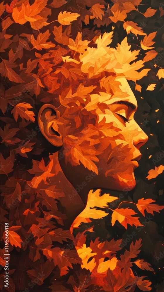 Poster mystical profile of a man surrounded by vibrant autumn leaves in a tranquil setting