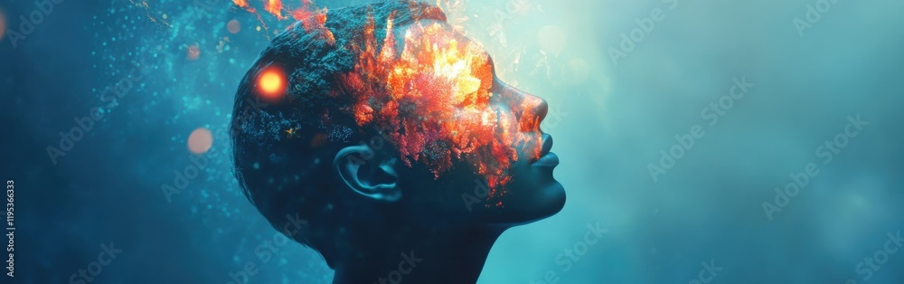 Poster mystical profile of a man illuminated by vibrant colors and cosmic elements in mesmerizing details