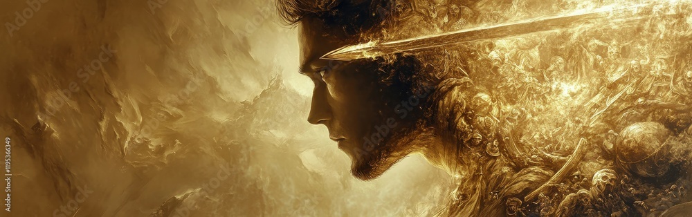 Poster mystical profile of a man intertwined with elemental forces and surreal details radiating golden lig