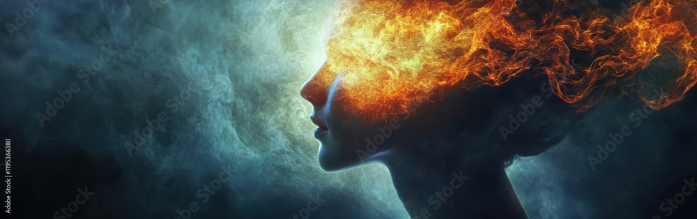 Aufkleber mystical profile of a man illuminated by colorful flames and vibrant light in a surreal atmosphere
