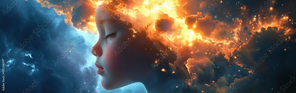 Poster mystical representation of a child's face filled with vibrant colors and cosmic elements under a sta