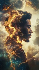 Mystical profile of a man surrounded by lightning and clouds in an ethereal landscape of imagination