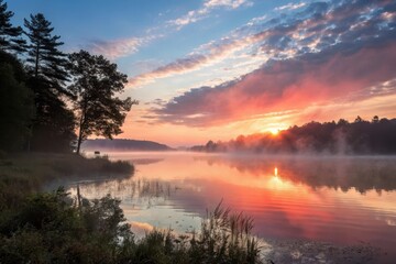 Obraz premium Serene sunrise over misty lake with tranquil reflection of colorful sky and shoreline trees