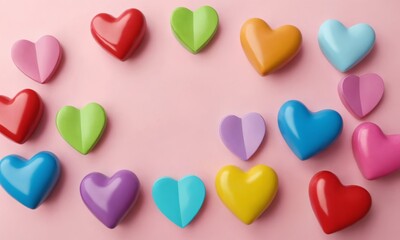 Colorful heart-shaped candies arranged on a pastel pink background evoke feelings of love and celebration during festive occasions. Valentine’s Day, date, engagement, love, wedding, background