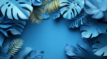 Many Different Types of Tropical Leaves on a Blue Background Featuring Amazing Blue Themes and Tropical Designs Generative AI