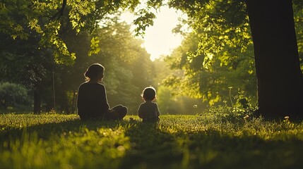 Mother and child playing in a green park, candid laughter, bright sunlight filtering through trees 