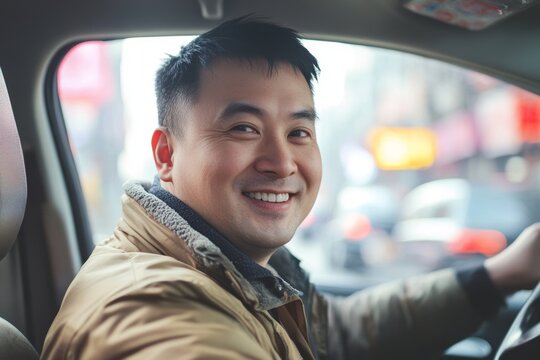 Professional Asian Driver. Portrait of a cheerful Asian man in a beige winter jacket sitting in the driver's seat of a car in an urban setting.