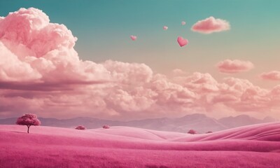 Romantic pink landscape with hearts floating in a pastel sky at sunset in a serene countryside. Valentine&rsquo;s Day, date, engagement, love, wedding, background