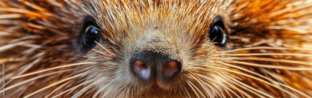 Poster close-up view of a porcupine's face showcasing intricate details and textures in natural habitat