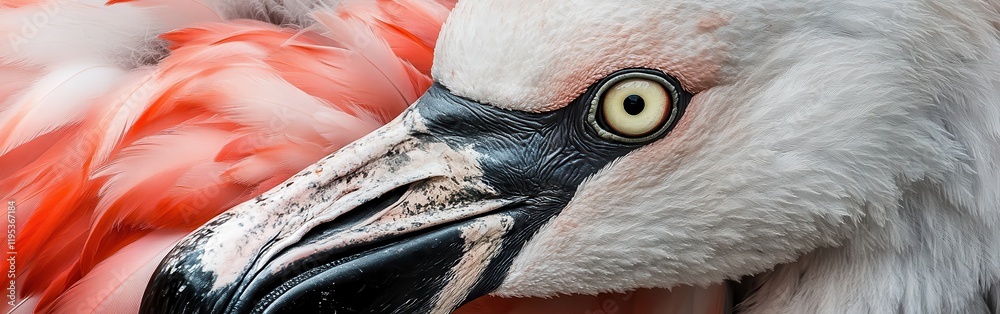 Poster Macro view of a flamingo's face revealing intricate details of feathers and eye color