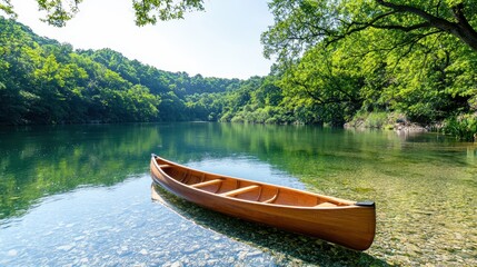 Fototapeta premium Serene Canoe on Calm River Winding Through Lush Green Valley in Bright Daylight