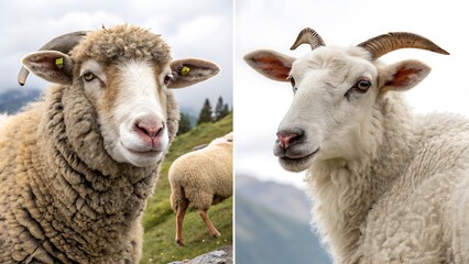 Obraz premium Set of sheep portraits on transparent background. Domestic and wild animal concept.