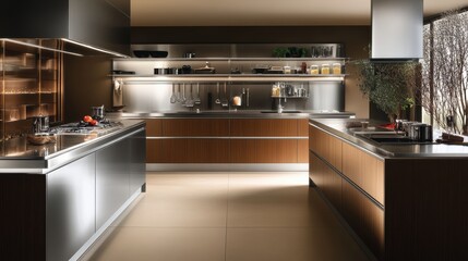 Fototapeta premium Modern kitchen design with stainless steel and wood elements, showcasing a sleek and functional layout