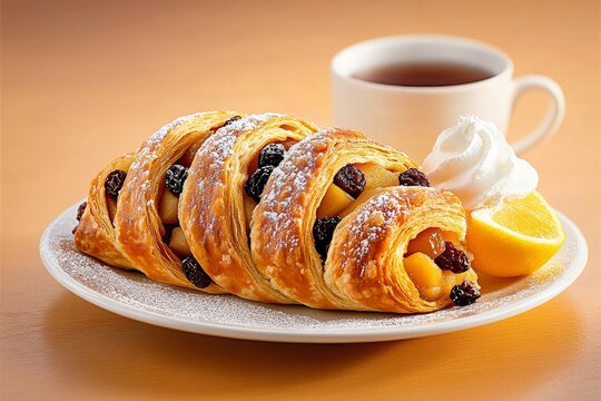 Delicioso croissant de manzana y pasas acompa&ntilde;ado de t&eacute; caliente y crema batida