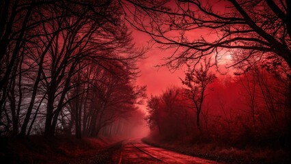 Naklejka premium Crimson Canopy Road A Mystical Path Through a Foggy, Scarlet Forest at Dusk