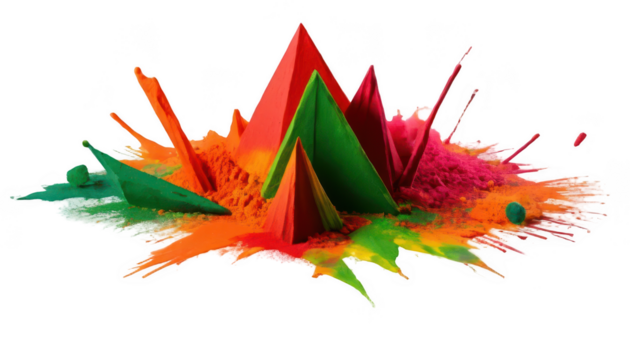 A burst of Holi colors forming a chaotic triangular pattern, blending red, orange, and green on a white transparent background PNG