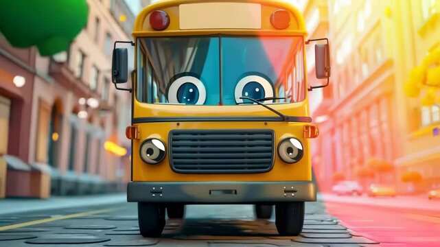 A humorous cartoon picture of a yellow school bus on a yellow background.

