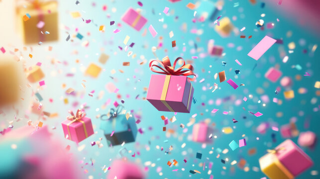 Colorful floating gift boxes with festive confetti create joyful atmosphere