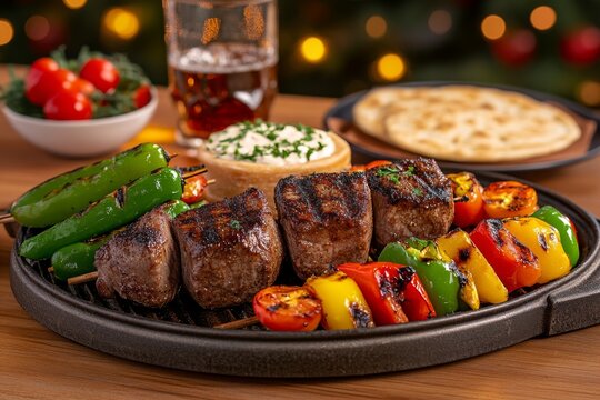 Deliciosa parrillada con carne, verduras asadas y acompa&ntilde;amientos tradicionales en una mesa festiva