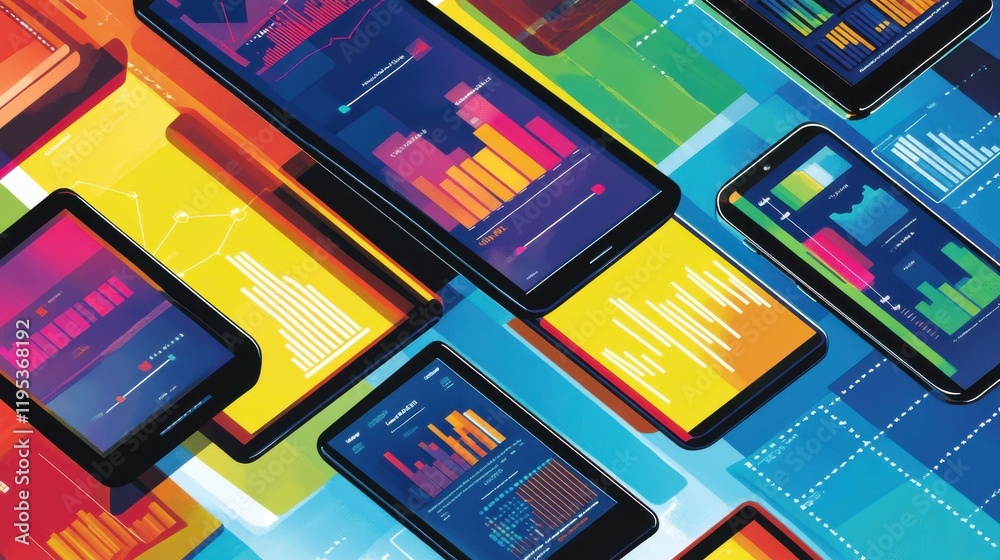 Poster Harmonious arrangement of smartphone screens displaying colorful data visualizations and graphs in a modern digital setting